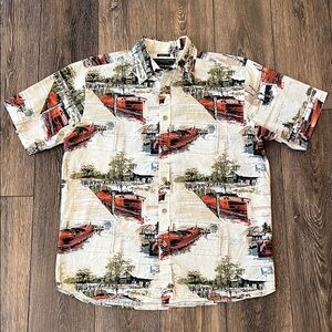 North River Comfort Fit Boat Print Short Sleeve Button Down Shirt Mens Large